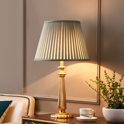Traditional Farmhouse Tapered Fabric Shade Solid Brass Base 1-Light Table Lamp For Bedroom