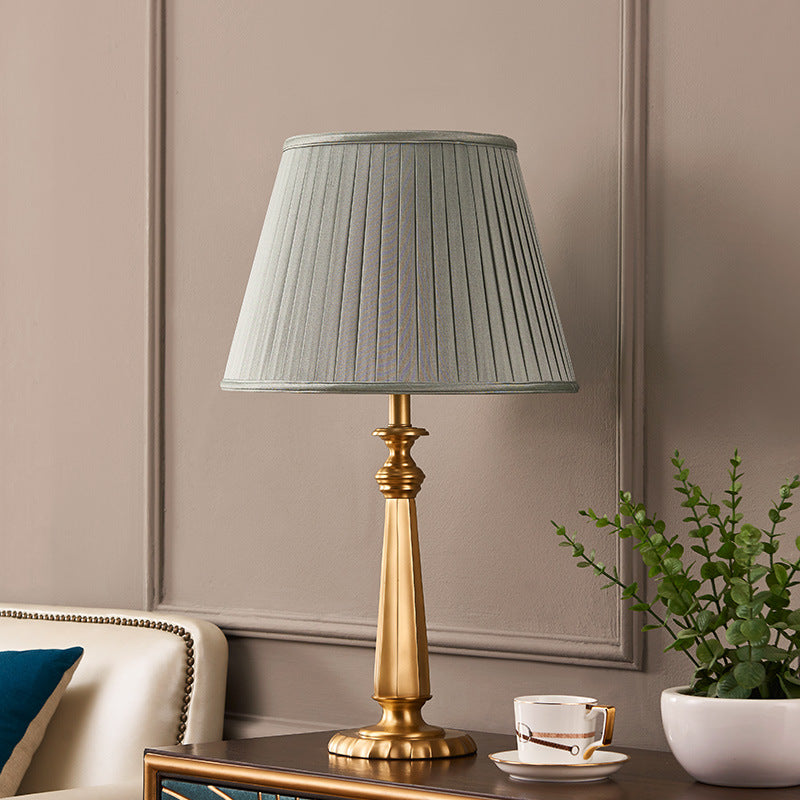 Traditional Farmhouse Tapered Fabric Shade Solid Brass Base 1-Light Table Lamp For Bedroom