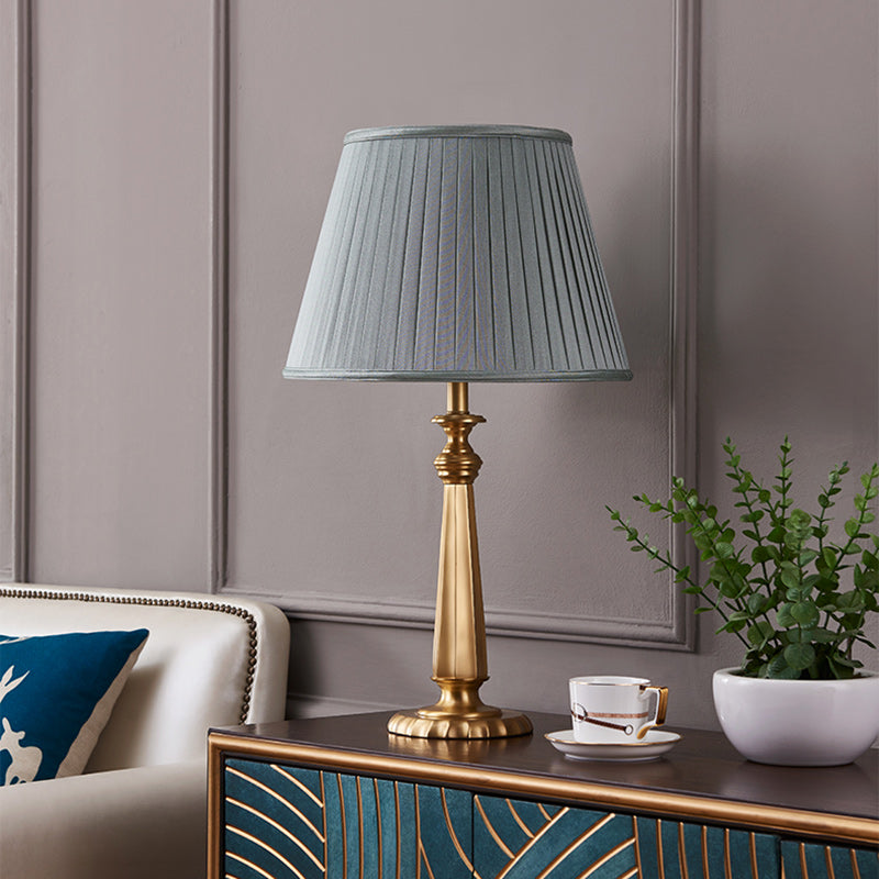 Traditional Farmhouse Tapered Fabric Shade Solid Brass Base 1-Light Table Lamp For Bedroom