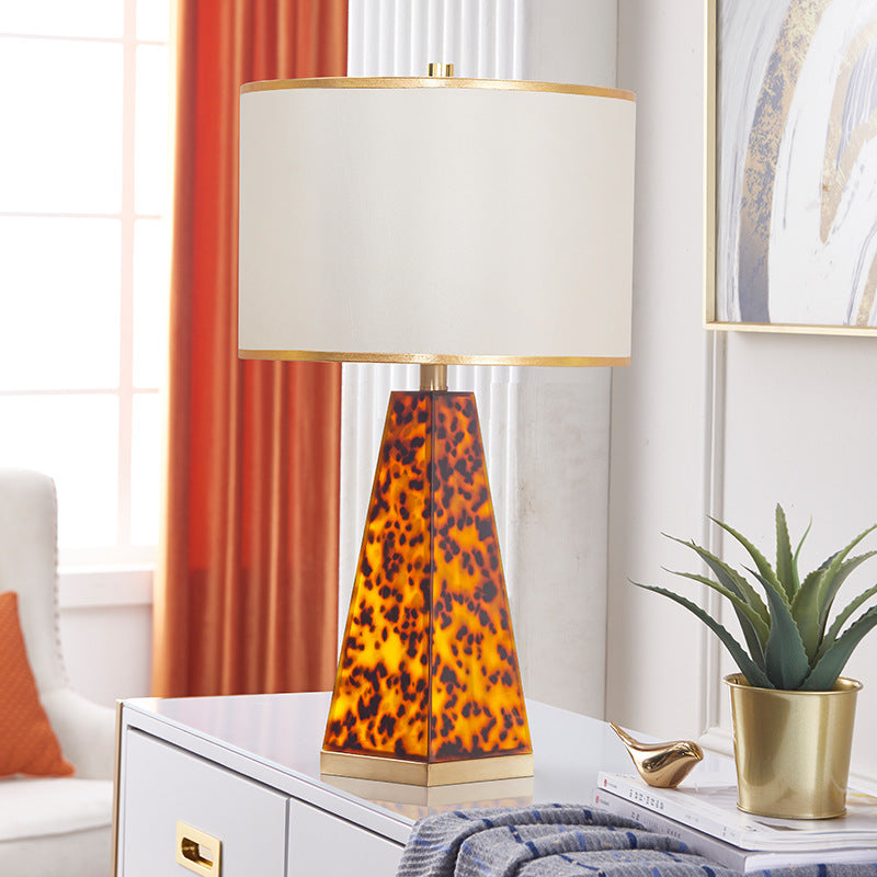 Contemporary Scandinavian Cylinder Fabric Shade Leopard Brass Base 1-Light Table Lamp For Living Room