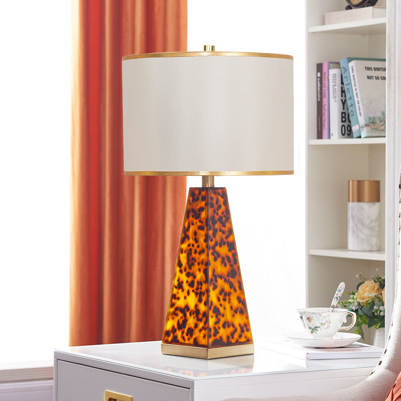 Contemporary Scandinavian Cylinder Fabric Shade Leopard Brass Base 1-Light Table Lamp For Living Room