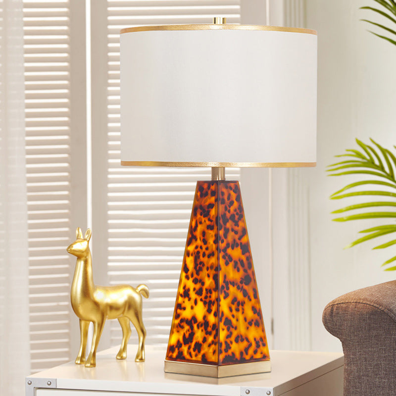 Contemporary Scandinavian Cylinder Fabric Shade Leopard Brass Base 1-Light Table Lamp For Living Room