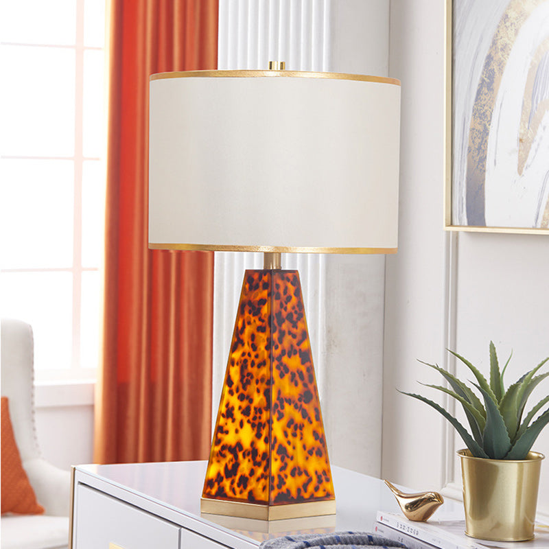 Contemporary Scandinavian Cylinder Fabric Shade Leopard Brass Base 1-Light Table Lamp For Living Room