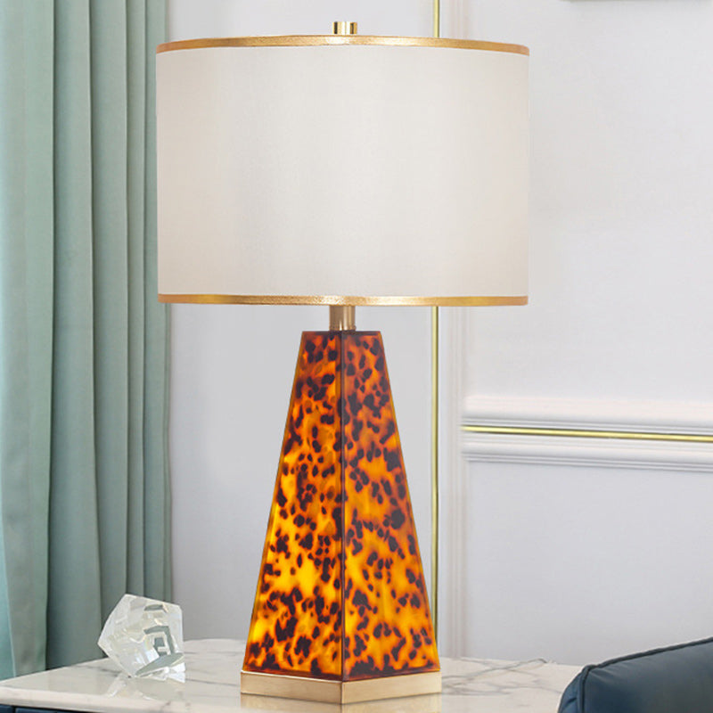 Contemporary Scandinavian Cylinder Fabric Shade Leopard Brass Base 1-Light Table Lamp For Living Room