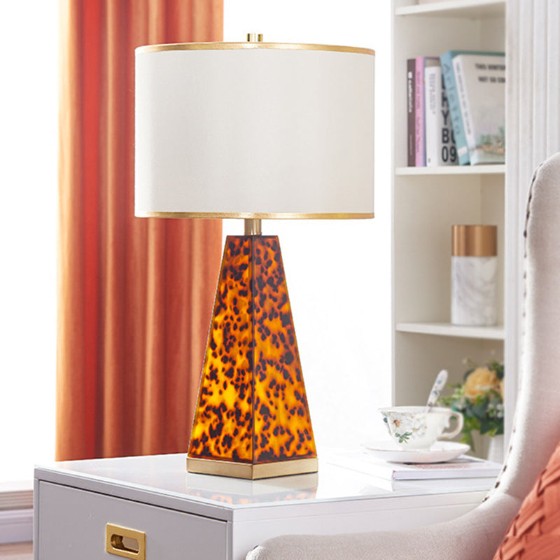 Contemporary Scandinavian Cylinder Fabric Shade Leopard Brass Base 1-Light Table Lamp For Living Room