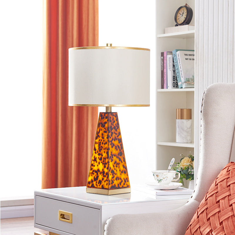 Contemporary Scandinavian Cylinder Fabric Shade Leopard Brass Base 1-Light Table Lamp For Living Room