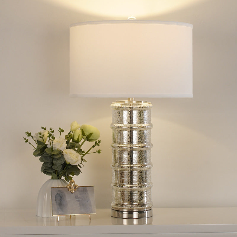 Contemporary Nordic Cylinder Fabric Shade Glass Metal Base 1-Light Table Lamp For Bedroom