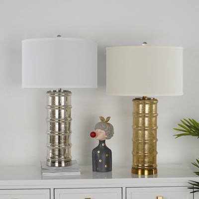 Contemporary Nordic Cylinder Fabric Shade Glass Metal Base 1-Light Table Lamp For Bedroom