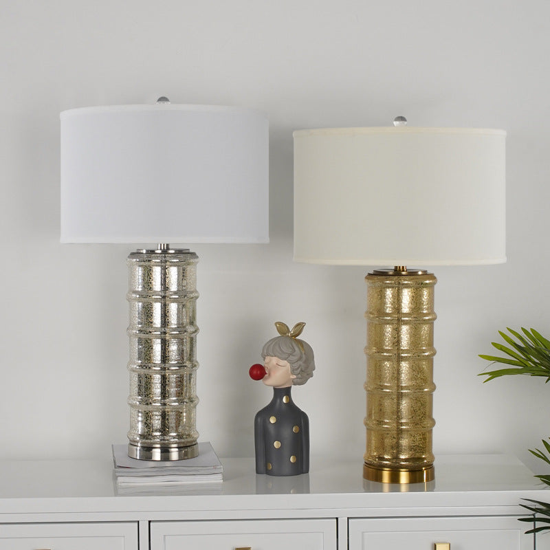 Contemporary Nordic Cylinder Fabric Shade Glass Metal Base 1-Light Table Lamp For Bedroom