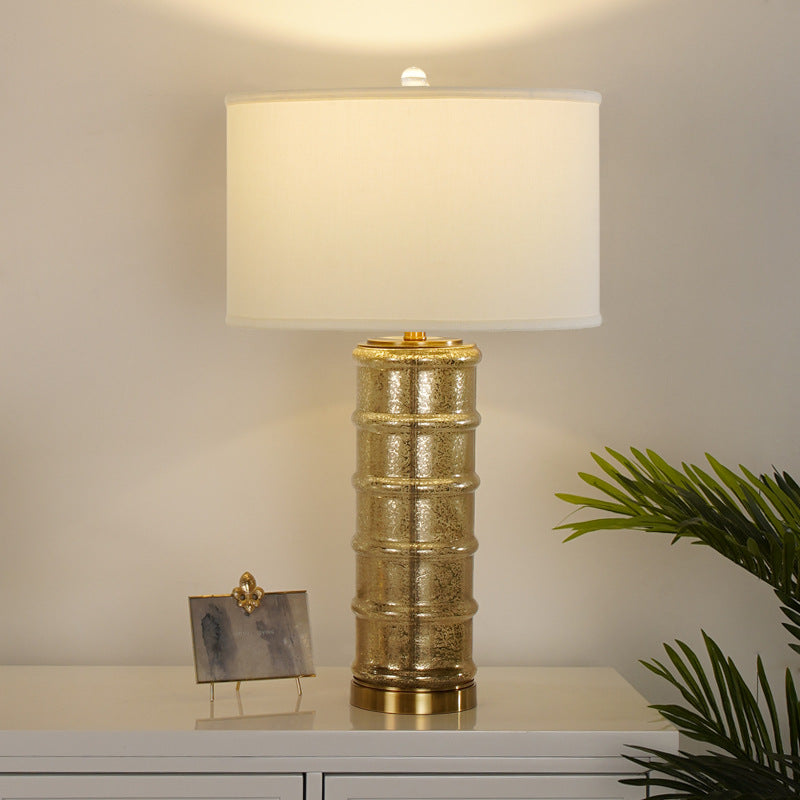 Contemporary Nordic Cylinder Fabric Shade Glass Metal Base 1-Light Table Lamp For Bedroom