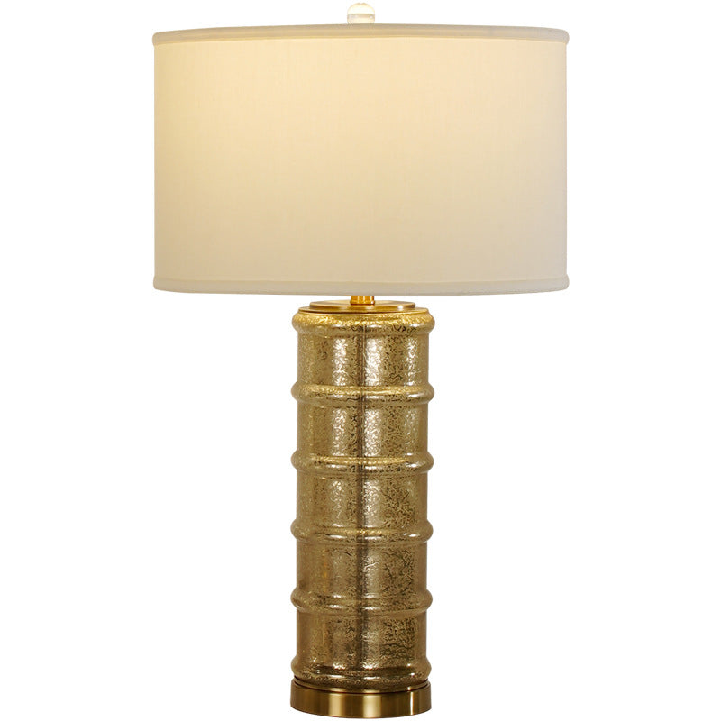 Contemporary Nordic Cylinder Fabric Shade Glass Metal Base 1-Light Table Lamp For Bedroom