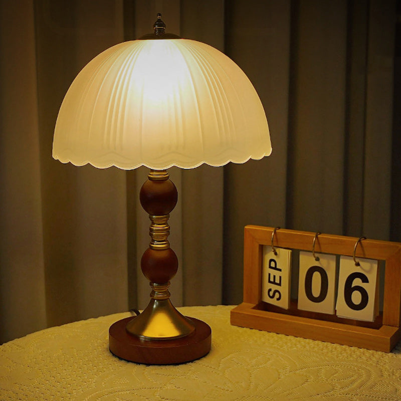 Modern Mid-Century Dome Glass Shade Rubberwood Iron Base 1-Light Table Lamp For Bedroom