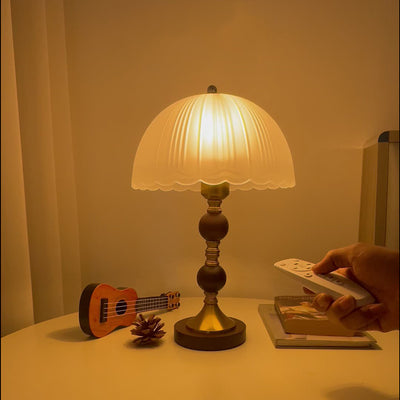 Modern Mid-Century Dome Glass Shade Rubberwood Iron Base 1-Light Table Lamp For Bedroom