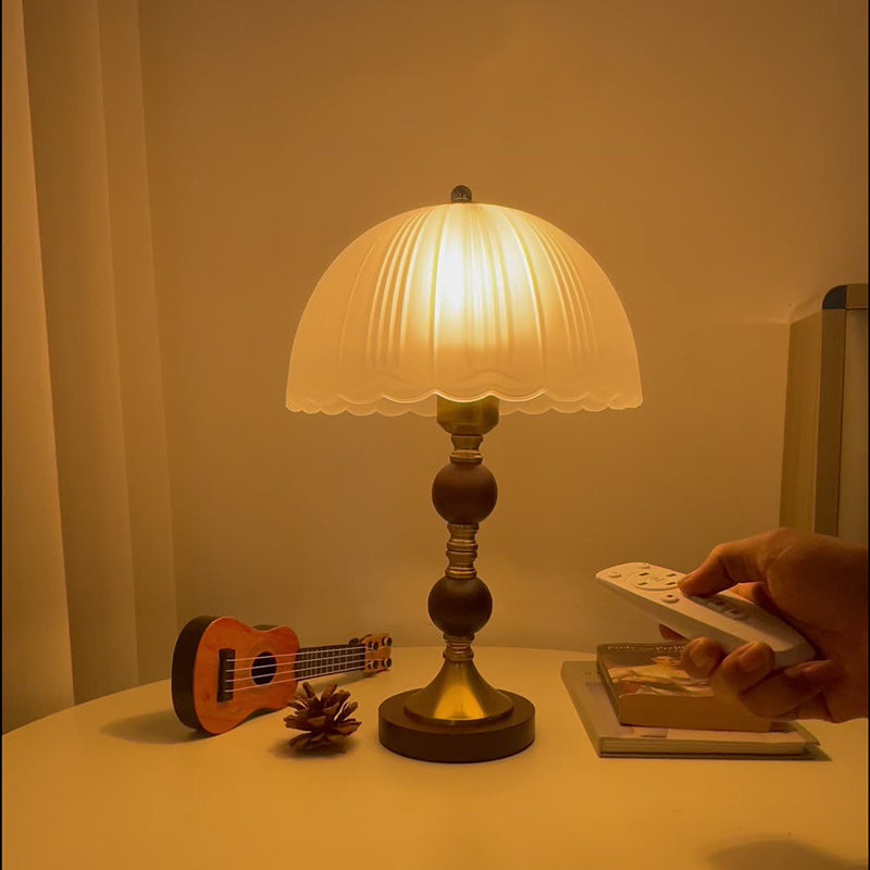 Modern Mid-Century Dome Glass Shade Rubberwood Iron Base 1-Light Table Lamp For Bedroom