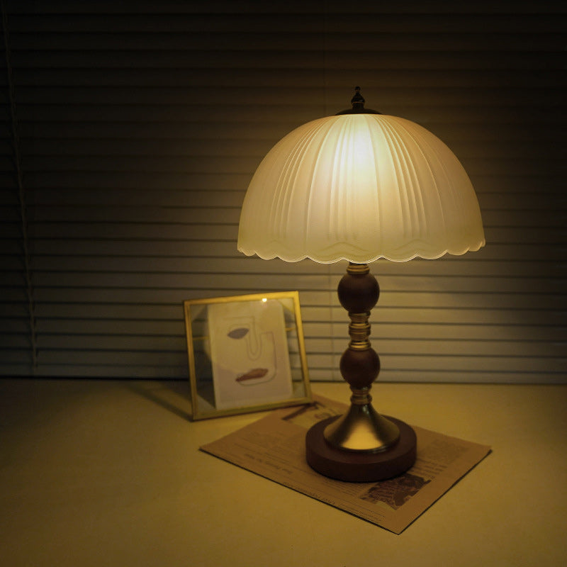 Modern Mid-Century Dome Glass Shade Rubberwood Iron Base 1-Light Table Lamp For Bedroom