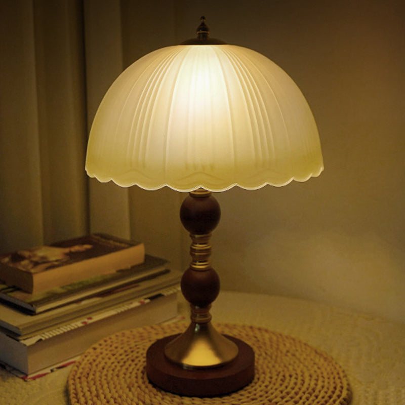 Modern Mid-Century Dome Glass Shade Rubberwood Iron Base 1-Light Table Lamp For Bedroom