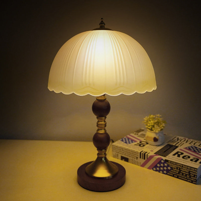 Modern Mid-Century Dome Glass Shade Rubberwood Iron Base 1-Light Table Lamp For Bedroom