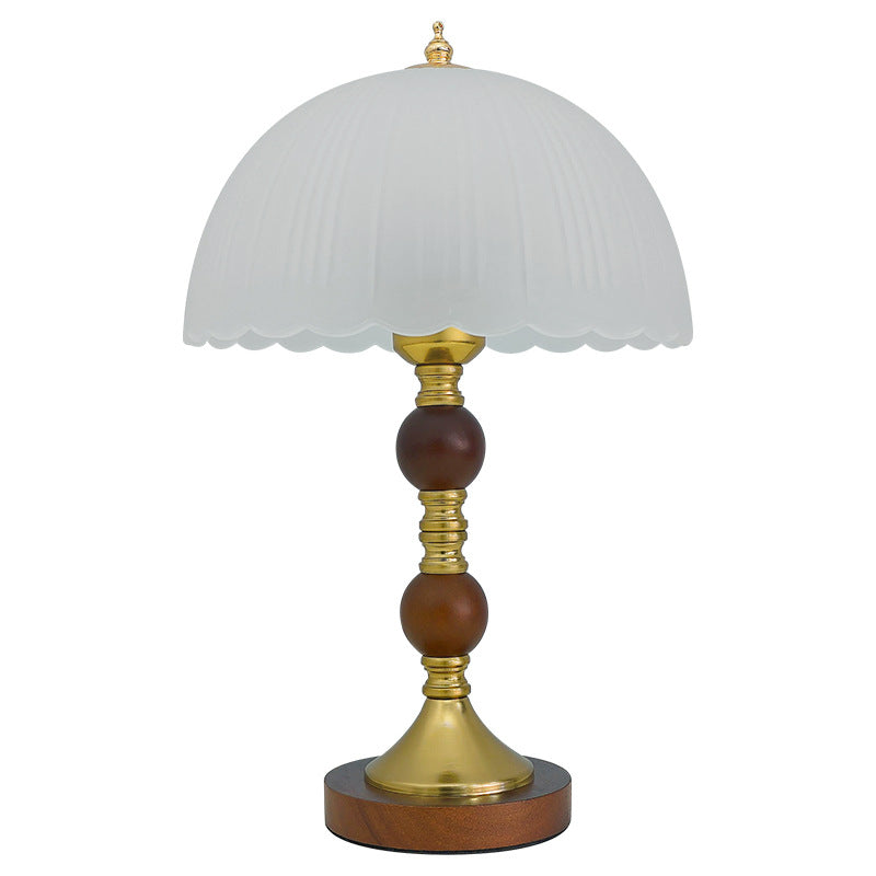 Modern Mid-Century Dome Glass Shade Rubberwood Iron Base 1-Light Table Lamp For Bedroom