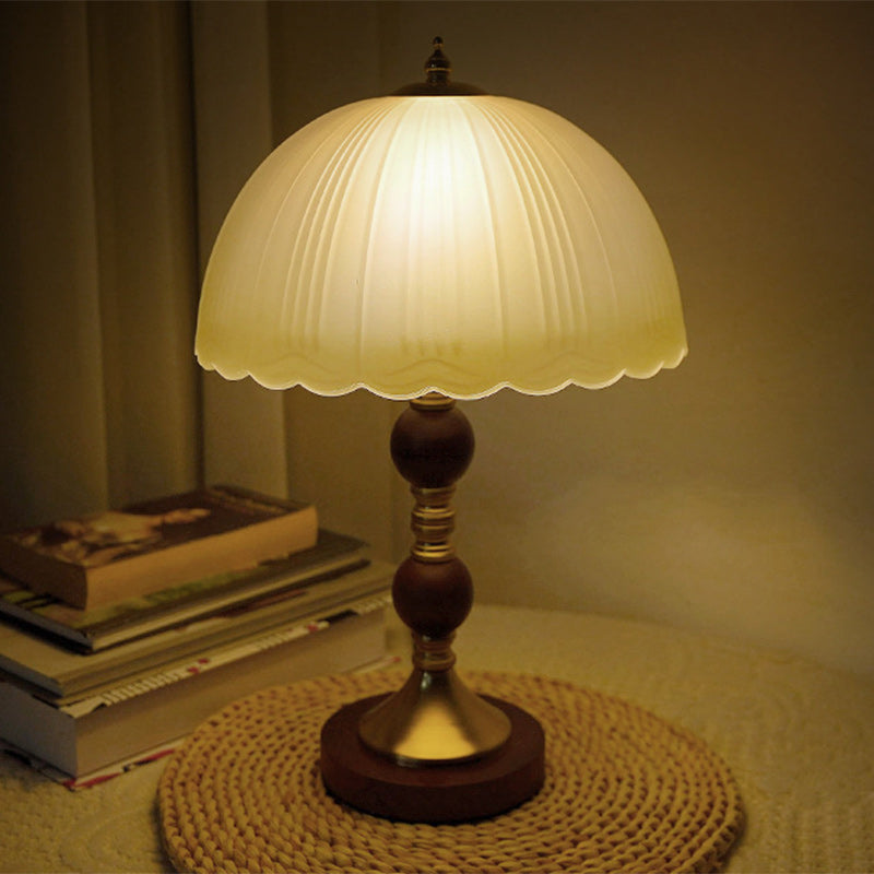 Modern Mid-Century Dome Glass Shade Rubberwood Iron Base 1-Light Table Lamp For Bedroom