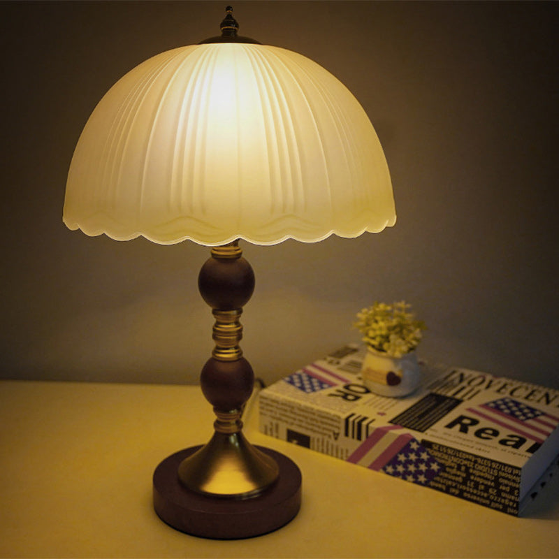 Modern Mid-Century Dome Glass Shade Rubberwood Iron Base 1-Light Table Lamp For Bedroom