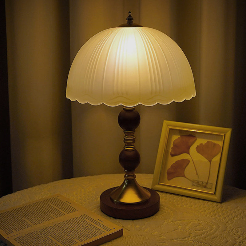 Modern Mid-Century Dome Glass Shade Rubberwood Iron Base 1-Light Table Lamp For Bedroom