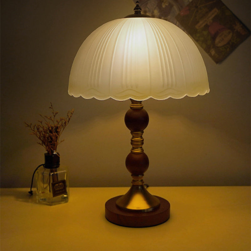Modern Mid-Century Dome Glass Shade Rubberwood Iron Base 1-Light Table Lamp For Bedroom