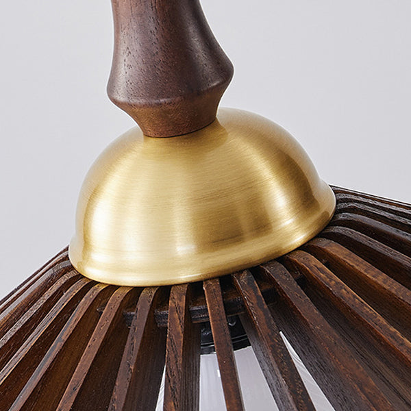 Suspension moderne minimaliste à abat-jour conique à grille en bois de frêne et laiton 1 lumière pour salon 