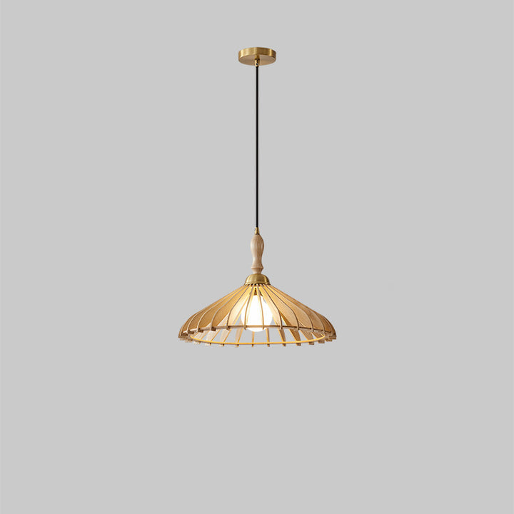 Suspension moderne minimaliste à abat-jour conique à grille en bois de frêne et laiton 1 lumière pour salon 