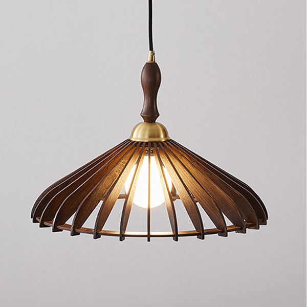 Suspension moderne minimaliste à abat-jour conique à grille en bois de frêne et laiton 1 lumière pour salon 