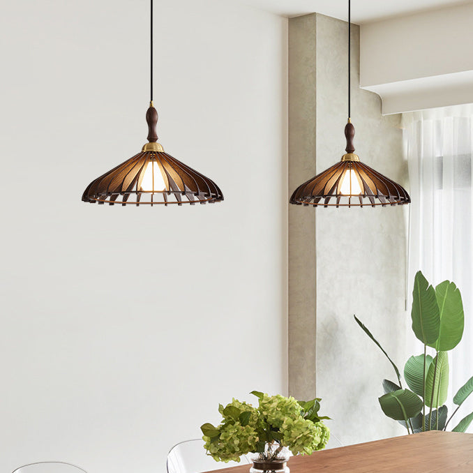 Suspension moderne minimaliste à abat-jour conique à grille en bois de frêne et laiton 1 lumière pour salon 