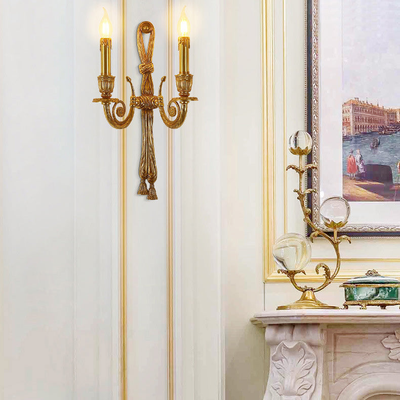 Traditional French Candle Design All Brass Wall Sconce Lamp 2-Light For Living Room