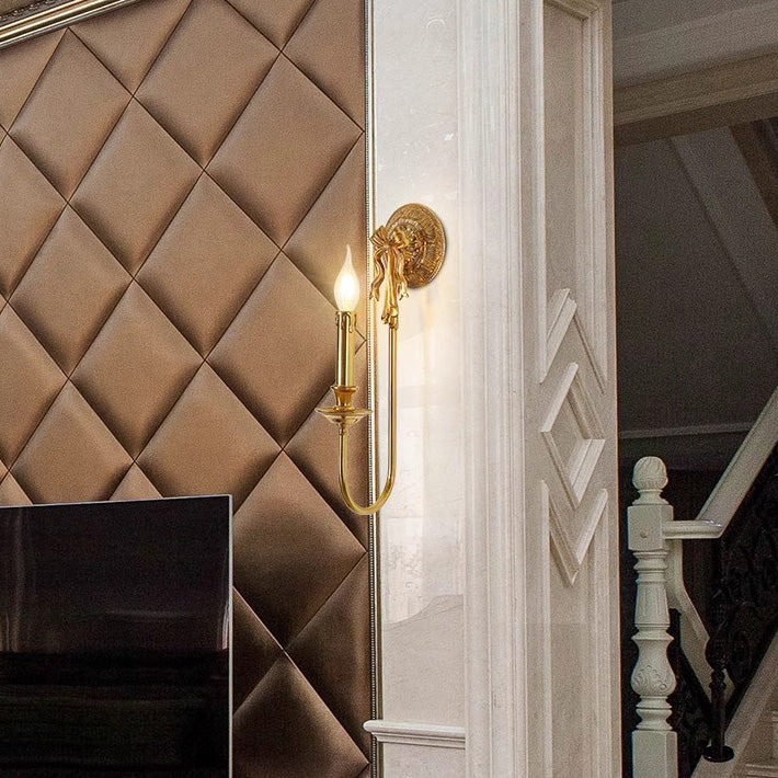Traditional European Candle-Shaped Brass Wall Sconce Lamp With Bow Base 1-Light For Hallway