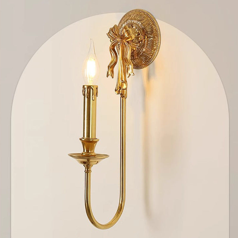 Traditional European Candle-Shaped Brass Wall Sconce Lamp With Bow Base 1-Light For Hallway