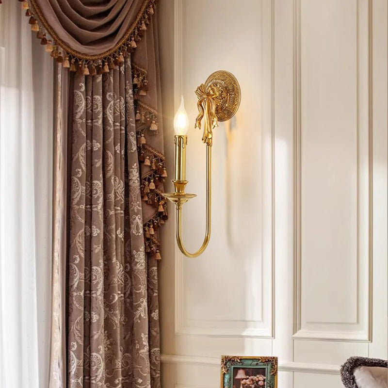 Traditional European Candle-Shaped Brass Wall Sconce Lamp With Bow Base 1-Light For Hallway