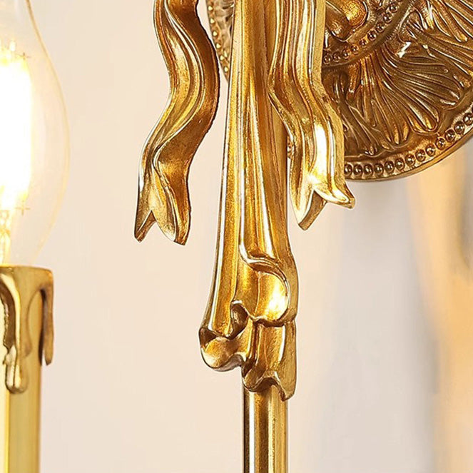 Traditional European Candle-Shaped Brass Wall Sconce Lamp With Bow Base 1-Light For Hallway