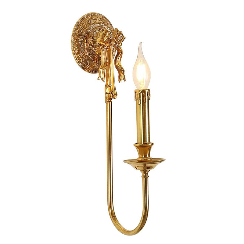 Traditional European Candle-Shaped Brass Wall Sconce Lamp With Bow Base 1-Light For Hallway