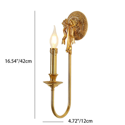 Traditional European Candle-Shaped Brass Wall Sconce Lamp With Bow Base 1-Light For Hallway