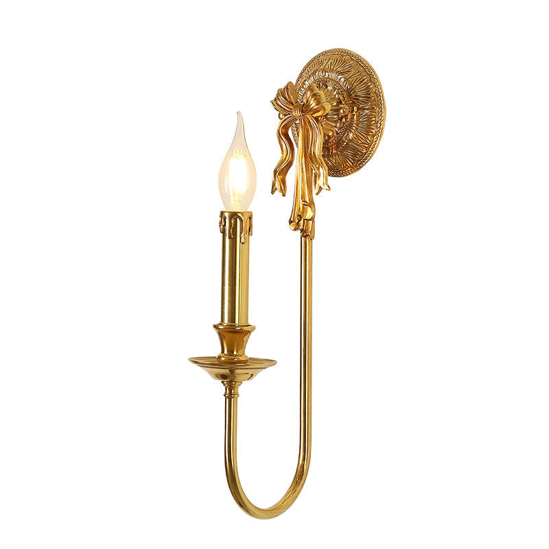 Traditional European Candle-Shaped Brass Wall Sconce Lamp With Bow Base 1-Light For Hallway