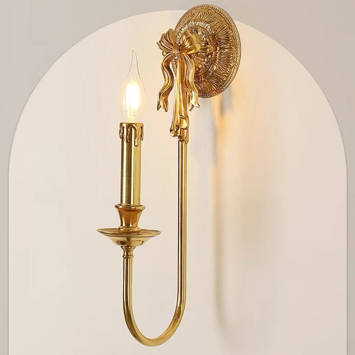 Traditional European Candle-Shaped Brass Wall Sconce Lamp With Bow Base 1-Light For Hallway