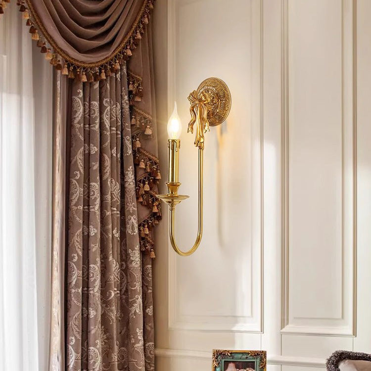 Traditional European Candle-Shaped Brass Wall Sconce Lamp With Bow Base 1-Light For Hallway