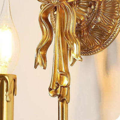 Traditional European Candle-Shaped Brass Wall Sconce Lamp With Bow Base 1-Light For Hallway