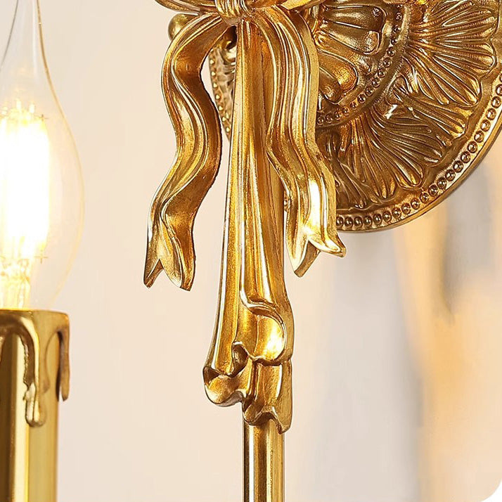 Traditional European Candle-Shaped Brass Wall Sconce Lamp With Bow Base 1-Light For Hallway