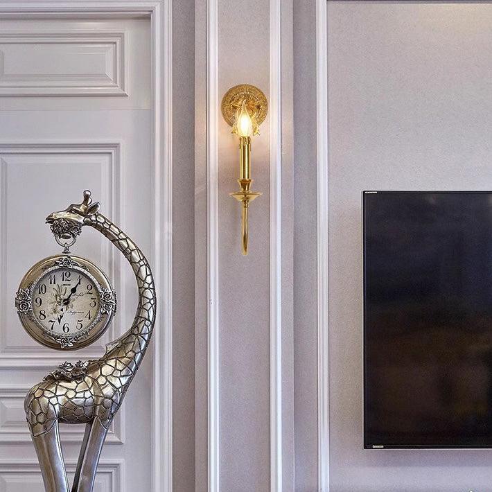 Traditional European Candle-Shaped Brass Wall Sconce Lamp With Bow Base 1-Light For Hallway