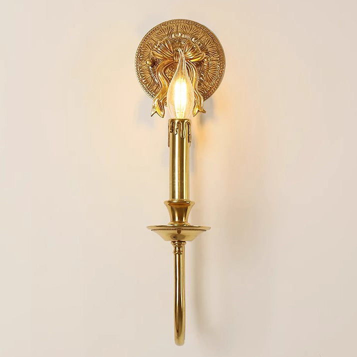 Traditional European Candle-Shaped Brass Wall Sconce Lamp With Bow Base 1-Light For Hallway