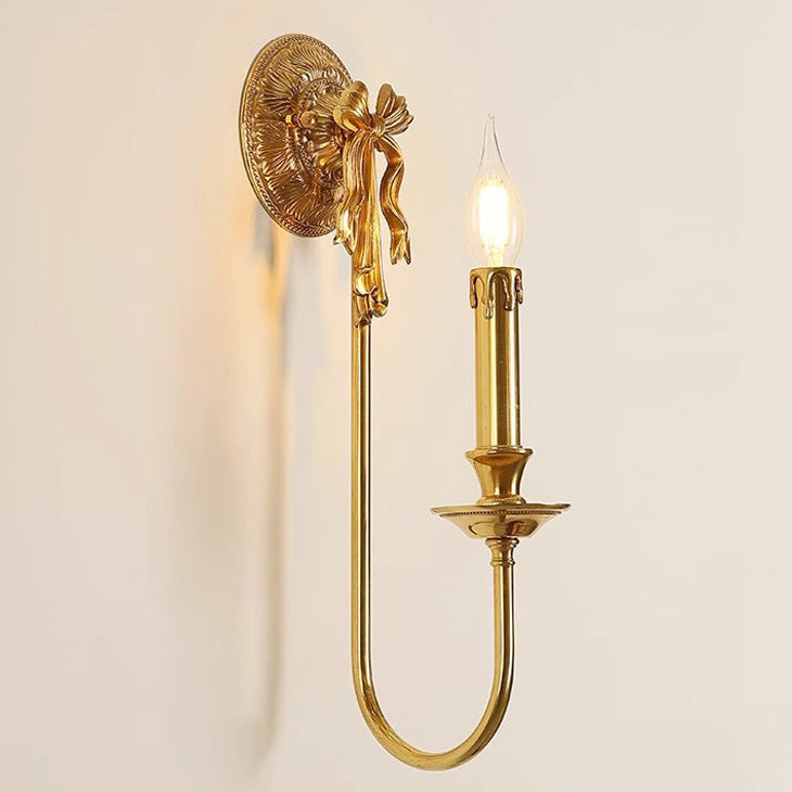 Traditional European Candle-Shaped Brass Wall Sconce Lamp With Bow Base 1-Light For Hallway