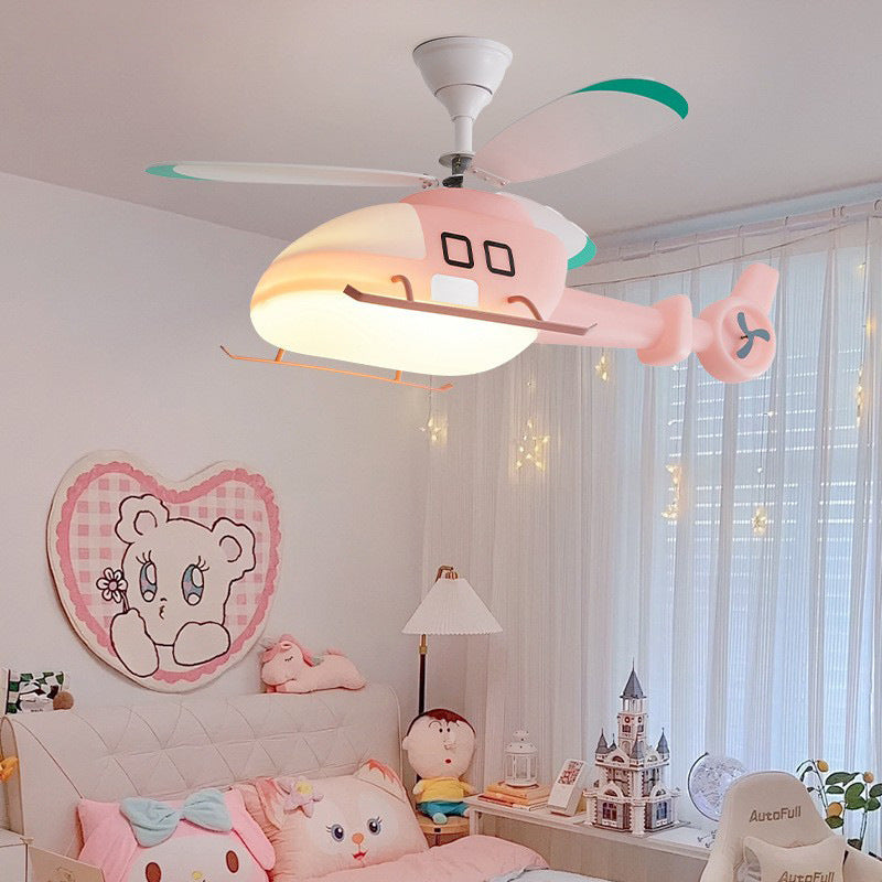 Modern Minimalist Kids Cartoon Airplane Semi-Flush Mount Ceiling Fan Light Iron Acrylic For Children&