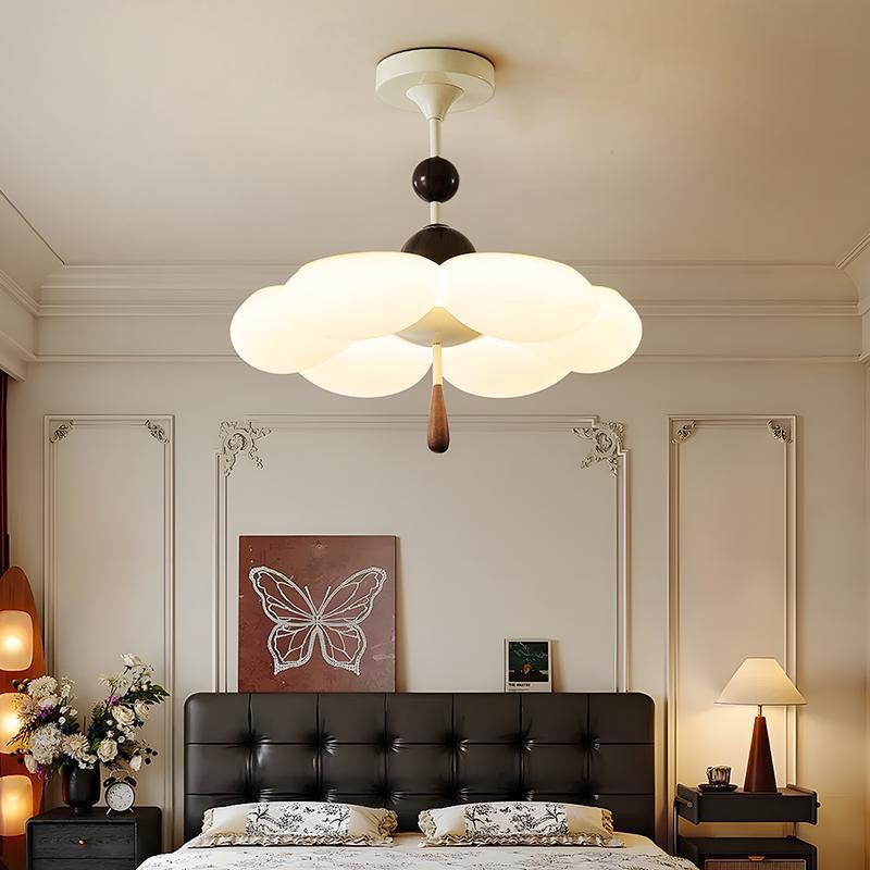 Modern Mid-Century Cream-Toned Flower Iron Acrylic Semi-Flush-Mount Ceiling Light For Bedroom