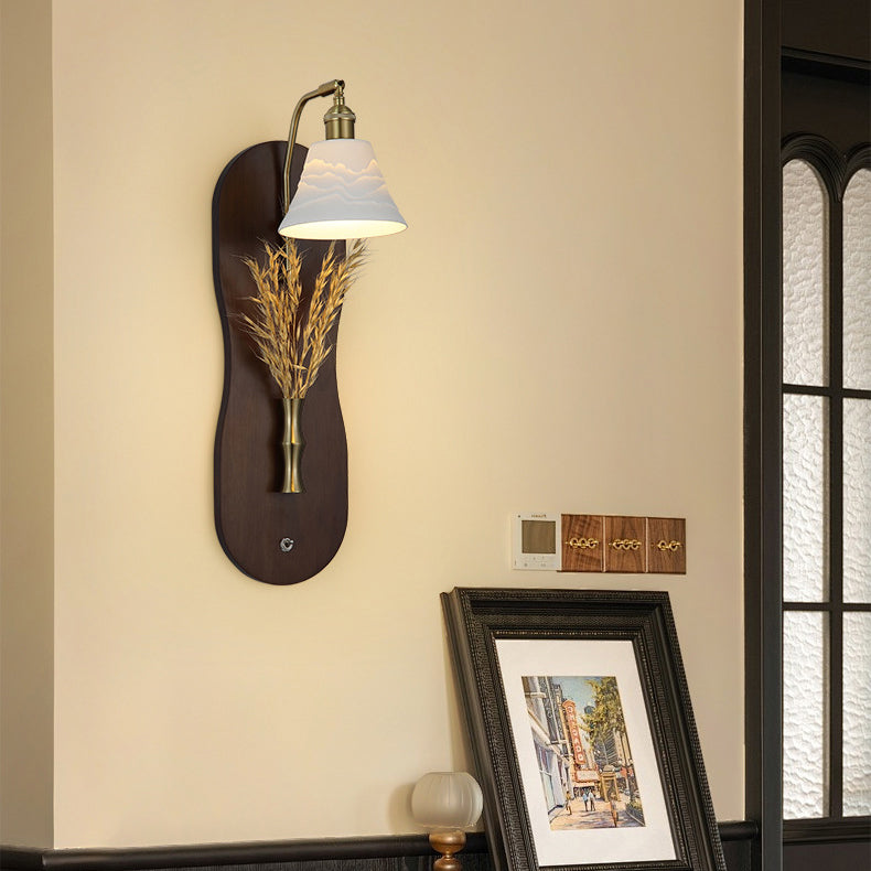 Modern Mid-Century Wheat Shaped Iron Glass Wall Sconce Lamp With Rubberwood Base 1-Light For Bedroom