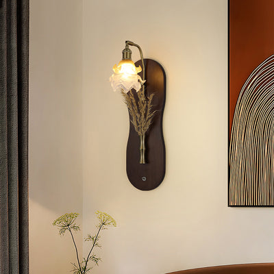 Modern Mid-Century Wheat Shaped Iron Glass Wall Sconce Lamp With Rubberwood Base 1-Light For Bedroom
