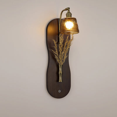 Modern Mid-Century Wheat Shaped Iron Glass Wall Sconce Lamp With Rubberwood Base 1-Light For Bedroom